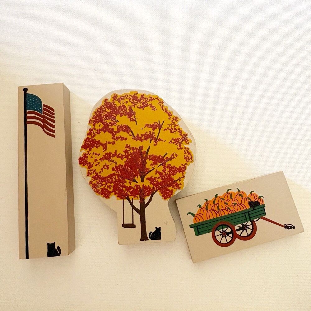 Cats Meow 3 Wooden Block Halloween Folk Art Pumpkin Wagon USA Flag Accessories